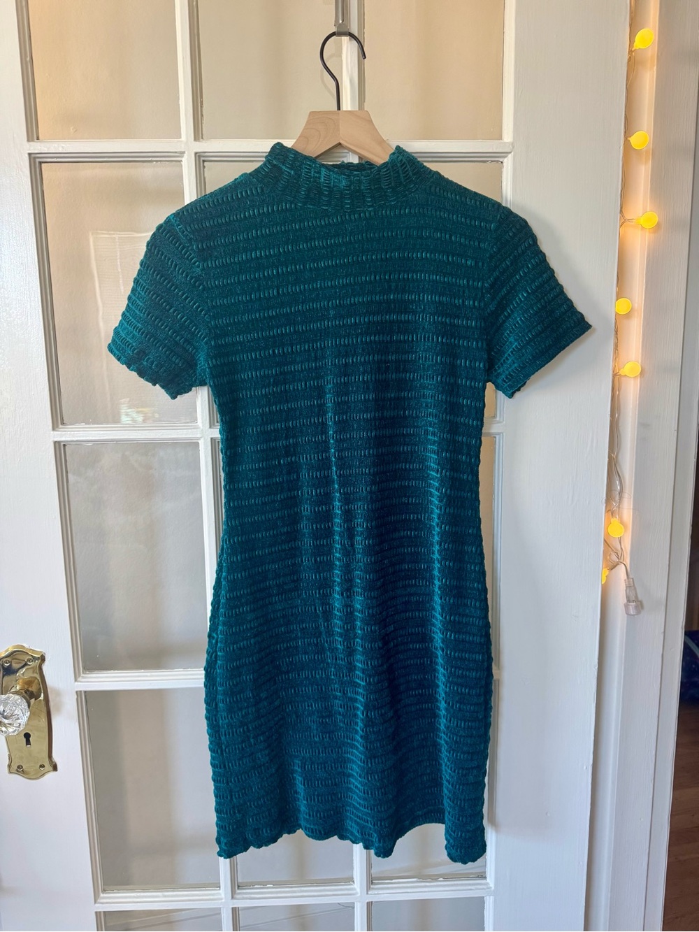 Teal Velvet Mock Neck Mini Dress with Textured Smocked Pattern and Ruffled Edges